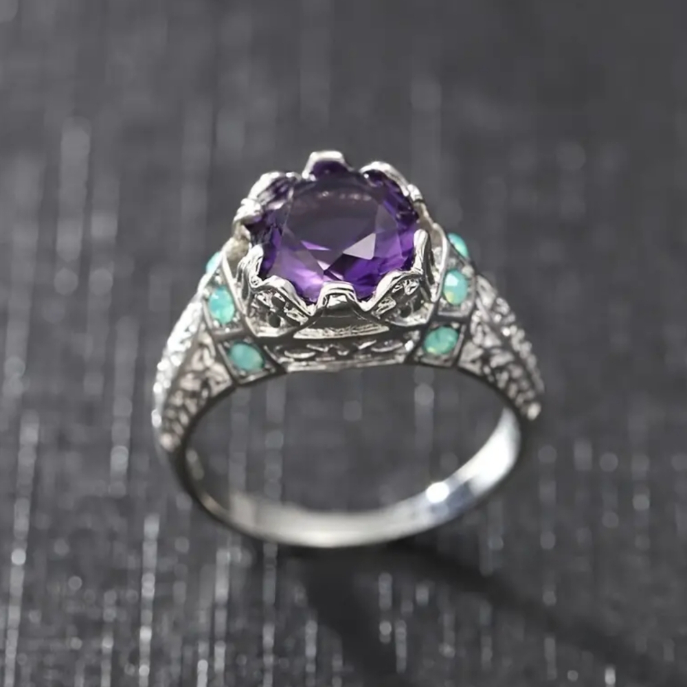Bold Ring Purple Cats Eye Opal Accents Silver-tone Intricate Vintage-feel Size